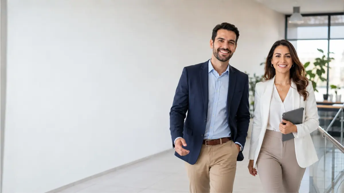 Dos profesionales caminando por el pasillo de una oficina